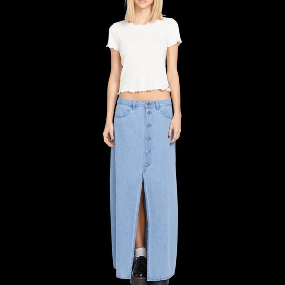 Volcom Women's Chill Trap Denim Blue Maxi-Skirt SIZE XS NEW - Picture 4 of 9